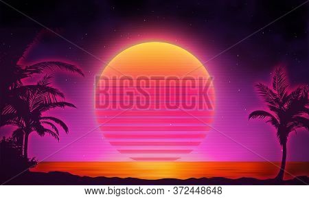 Retro Background Futuristic Landscape 1980s Style. Digital Retro Landscape Cyber Surface. 80s Party 