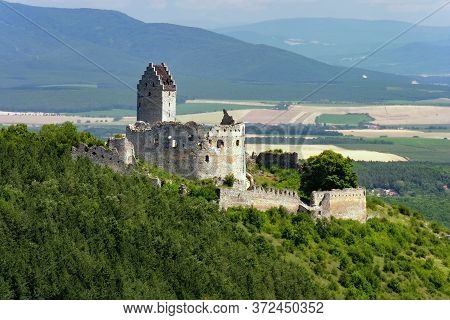 Castle Ruins Of Topolcany, Old Castle Breakaway In Slovakia, Ancient Fortress, Tower In Ruins, Povaz