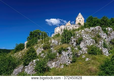 Castle Ruins Of Topolcany, Old Castle Breakaway In Slovakia, Ancient Fortress, Tower In Ruins, Povaz