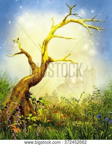 Magical Enchanting Forest Opening With A Prominent Lonely Barren Tree Surrounded By Lush Foilage And