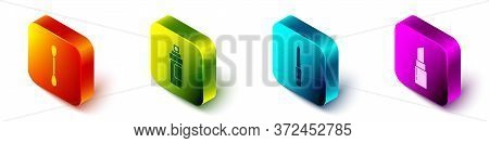 Set Isometric Cotton Swab For Ears, Perfume, Nail File And Lipstick Icon. Vector