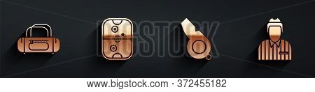 Set Sport Bag, Air Hockey Table, Whistle And Hockey Judge, Referee, Arbiter Icon With Long Shadow. V