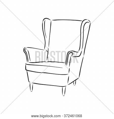 Sketch Chair In Linear Style, Outline Drawing In Black On A White Background. Upholstered Furniture 