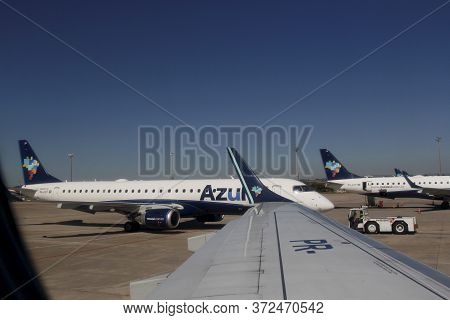 Campinas, Sao Paulo / Brazil - July 30, 2013: Azul Linhas Aereas Embraer 195 Aircraft Is Seen At Cam