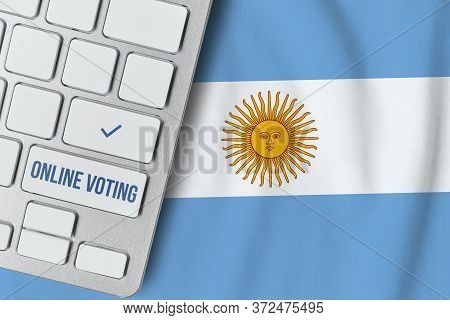 Online Voting Concept In Argentine Republic. Keyboard Near Country Flag.