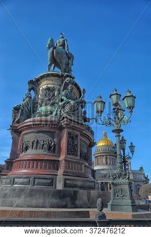 View Of Saint Isaac's Cathedral And Monument To Nicholas I In St.petersburg, Russia.