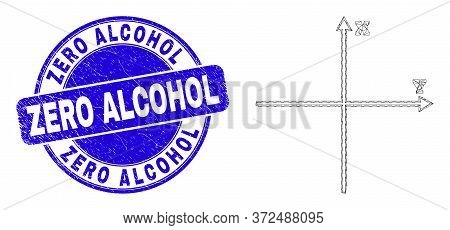 Web Carcass Cartesian Axes Pictogram And Zero Alcohol Seal Stamp. Blue Vector Round Grunge Seal Stam