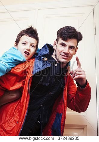 Faher And Son Together Having Fun At Home, Lifestyle Happy Family, People At Home