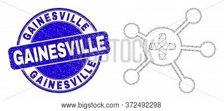 Web Mesh Medical Links Pictogram And Gainesville Seal Stamp. Blue Vector Rounded Scratched Stamp Wit