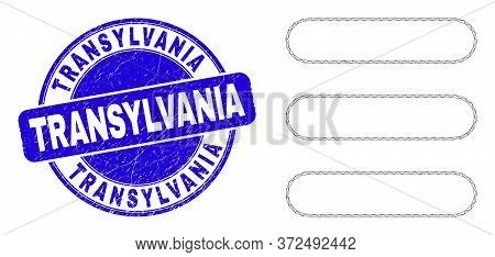 Web Mesh Menu List Icon And Transylvania Seal. Blue Vector Round Textured Seal Stamp With Transylvan