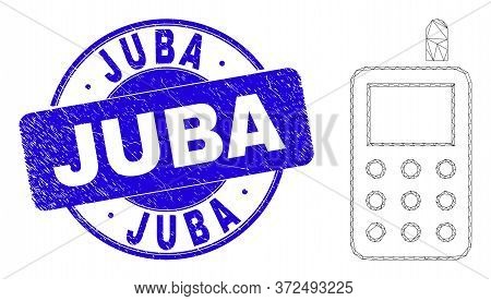 Web Mesh Radio Transmitter Icon And Juba Seal Stamp. Blue Vector Round Textured Stamp With Juba Mess