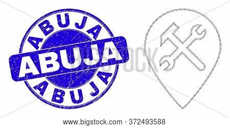 Web Mesh Service Map Pointer Icon And Abuja Seal Stamp. Blue Vector Round Distress Seal Stamp With A