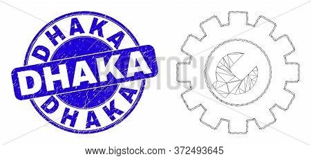 Web Mesh Setup Tools Icon And Dhaka Seal. Blue Vector Rounded Scratched Stamp With Dhaka Text. Abstr