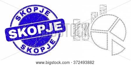 Web Mesh Statistics Charts Pictogram And Skopje Seal Stamp. Blue Vector Round Grunge Stamp With Skop