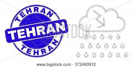 Web Mesh Storm Cloud Pictogram And Tehran Seal Stamp. Blue Vector Round Distress Seal With Tehran Ph