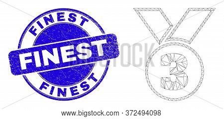 Web Carcass Third Medal Icon And Finest Seal. Blue Vector Rounded Textured Seal With Finest Title. A