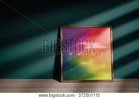 Gay, Homosexual, Lgbtqi Concept. Rainbow Color Picture With Pride Text In Photo Lying On The Floor I