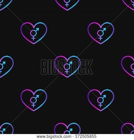 Seamless Pattern With Neon Heart With Intersexuality Symbol On Black Background