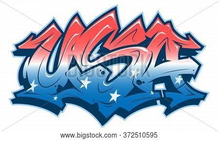 Usa Lettering In Readable Graffiti Style In Red White And Blue Colors. Vector Banner Isolated On Whi