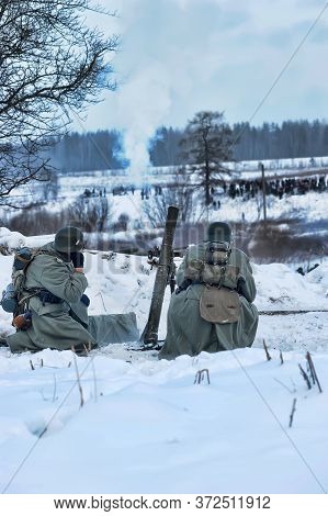 Leningrad Region, Russia - January 22, 2012: The German Gunners During The Second World War To Occup