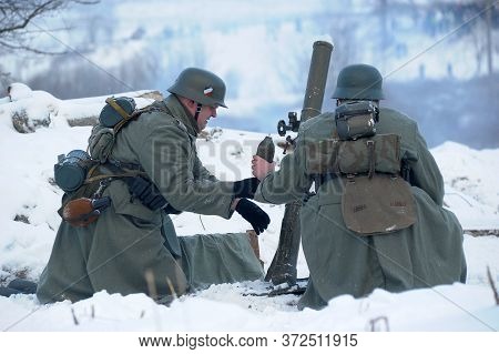 Leningrad Region, Russia - January 22, 2012: The German Gunners During The Second World War To Occup