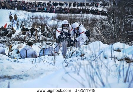 Leningrad Region, Russia - January 22, 2012: The German Gunners During The Second World War To Occup