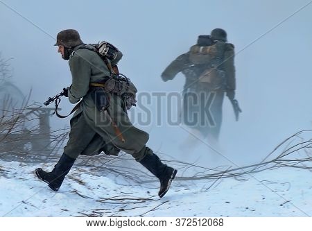 Leningrad Region, Russia - January 22, 2012: The German Gunners During The Second World War To Occup
