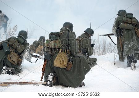 Leningrad Region, Russia - January 22, 2012: The German Gunners During The Second World War To Occup