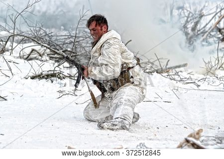 Leningrad Region, Russia - January 22, 2012: The German Gunners During The Second World War To Occup