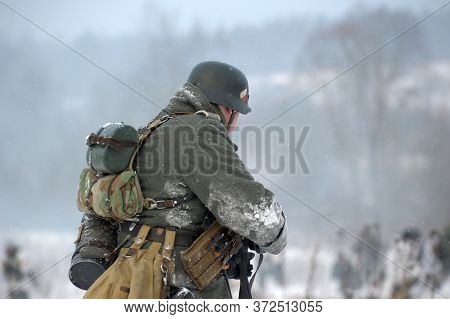 Leningrad Region, Russia - January 22, 2012: The German Gunners During The Second World War To Occup