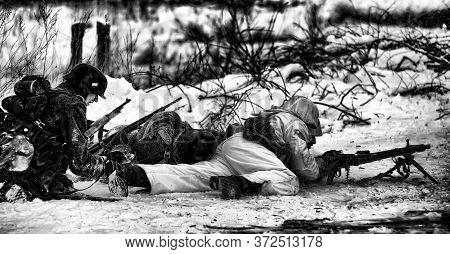 Leningrad Region, Russia - January 22, 2012: The German Gunners During The Second World War To Occup