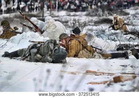 Leningrad Region, Russia - January 22, 2012: The German Gunners During The Second World War To Occup