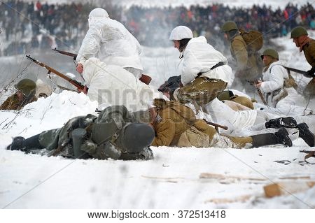 Leningrad Region, Russia - January 22, 2012: The German Gunners During The Second World War To Occup