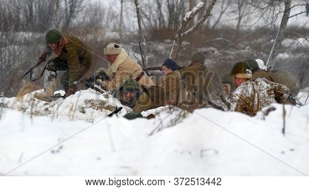 Leningrad Region, Russia - January 22, 2012: The German Gunners During The Second World War To Occup