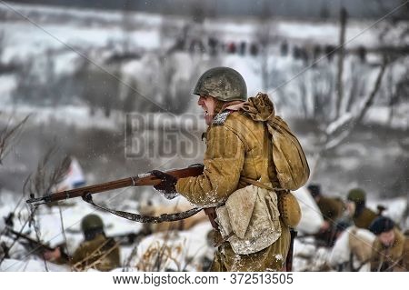 Leningrad Region, Russia - January 22, 2012: The German Gunners During The Second World War To Occup