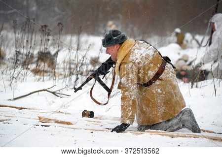 Leningrad Region, Russia - January 22, 2012: The German Gunners During The Second World War To Occup