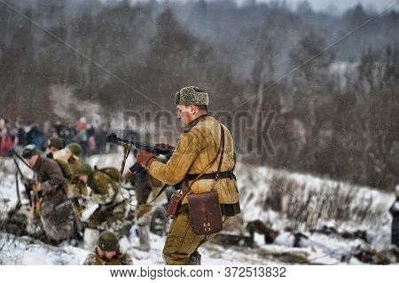 Leningrad Region, Russia - January 22, 2012: The German Gunners During The Second World War To Occup