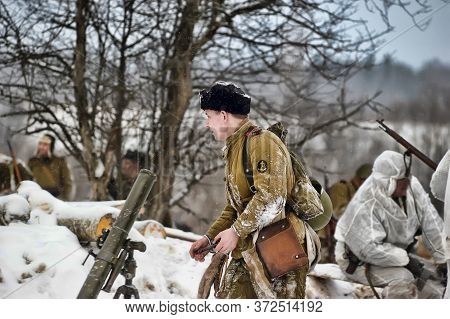 Leningrad Region, Russia - January 22, 2012: The German Gunners During The Second World War To Occup