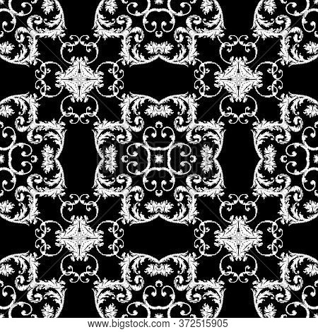 Embroidery Textured Vector Seamless Pattern. Black And White Floral Grunge Background. Tapestry Wall