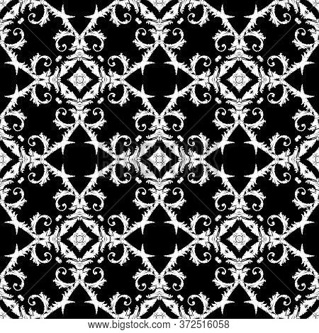 Embroidery Textured Vector Seamless Pattern. Black And White Floral Grunge Background. Tapestry Wall