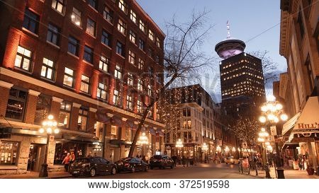 Beautiful Vancouver Gastown At Night - The Historic District Of The City - City Of Vancouver, Canada