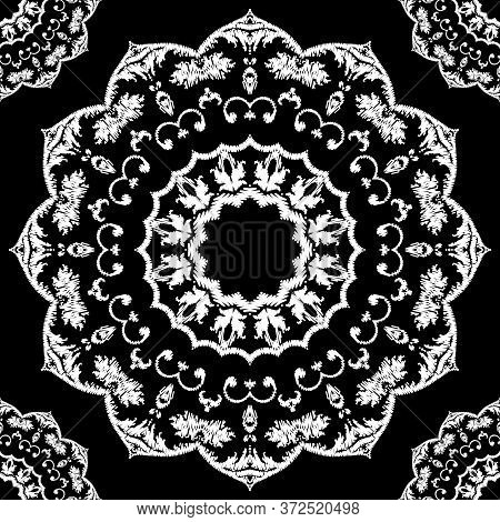 Embroidery Textured Vector Seamless Pattern. Black And White Floral Grunge Background. Tapestry Mand