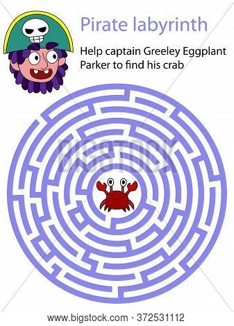 Help Pirate To Find His Crad. Circle Maze Isolated On White Stock Vector Illustration. Funny Cartoon