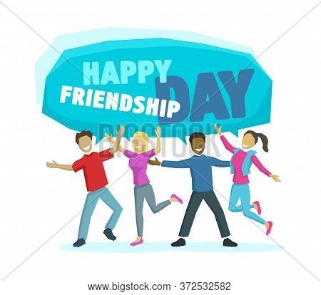 Happy Friendship Day - Banner With Happy Dancing People Friends In Low Poly Style Congradulate With 