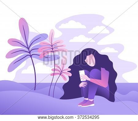 Young Woman Sitting On Ground In Park And Holding Phone - Beautiful Thematical Illustration With Ans
