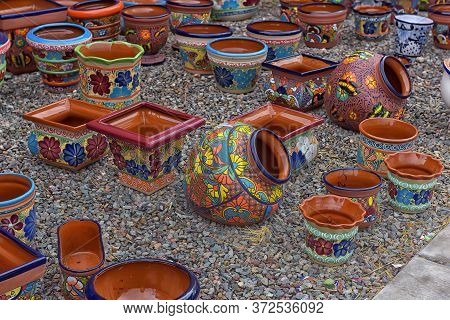Usa, Arizona, Tucson 26.06.2016  Hand Made And Painted Colored Pottery For Sale At Local Street Mark