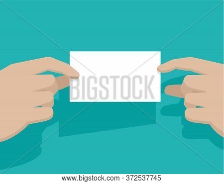Visitcard Giving From Hand To Hand - White Business Card With Empty Area For Information Message And