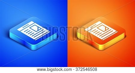 Isometric Newspaper Advertisement Displaying Obituaries Icon Isolated On Blue And Orange Background.