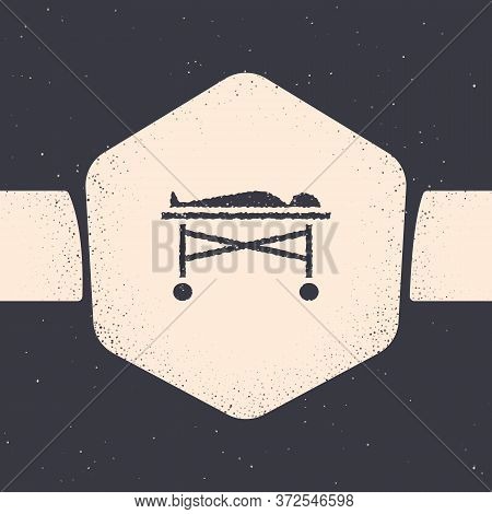 Grunge Dead Body In The Morgue Icon Isolated On Grey Background. Monochrome Vintage Drawing. Vector