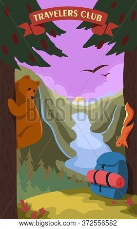 Travelers Club Vector Illustration. The Bear Is Sitting On A Tree. A Squirrel On A Tree Looks At A B